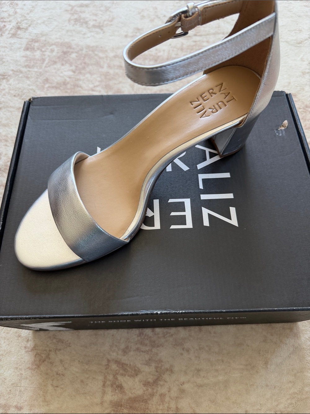 Naturalizer Vera Metallic Silver Ankle-Strap Block Heel Sandals Wide
